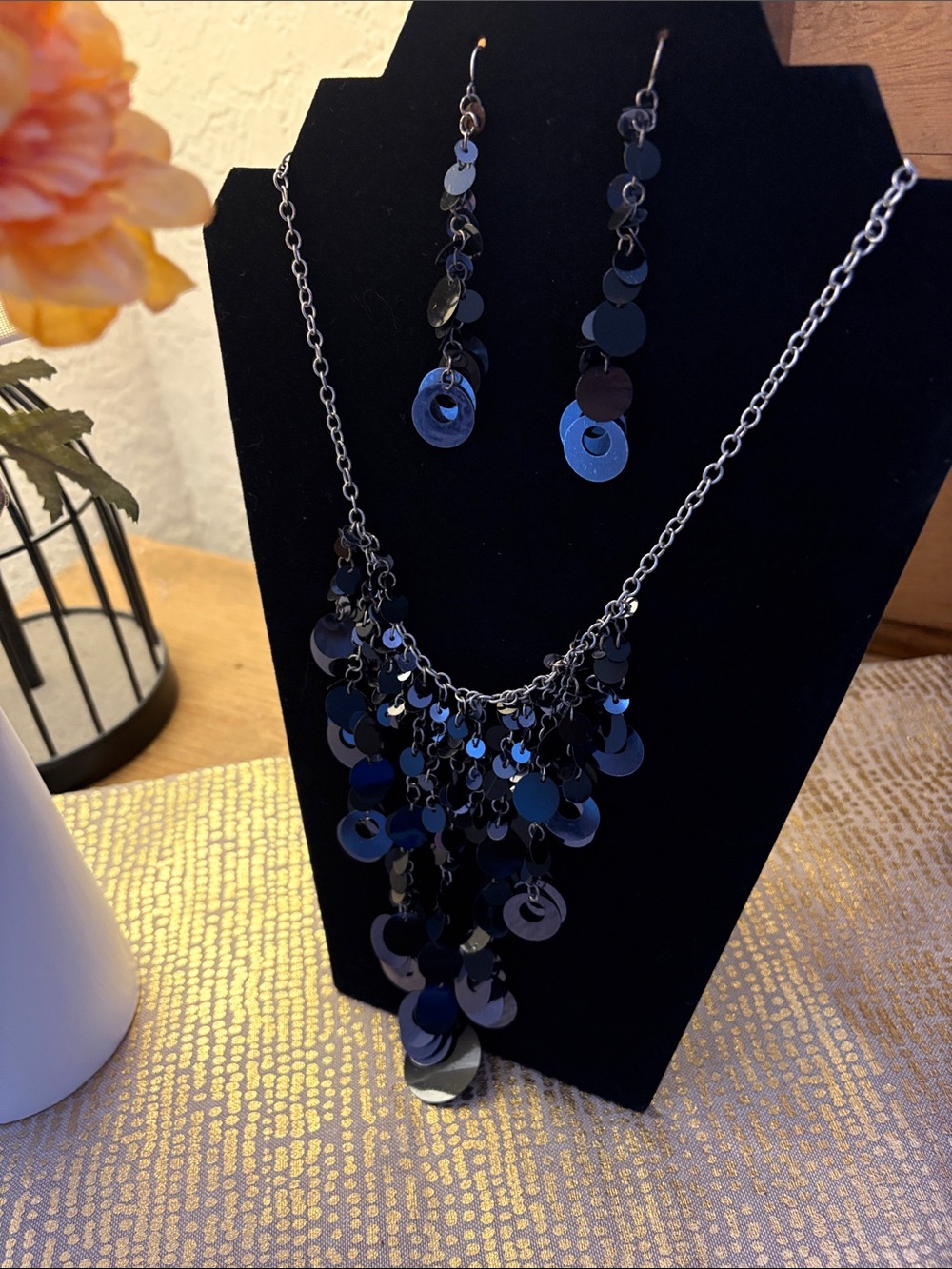 Black Sequin Cascade Necklace & Earring Set